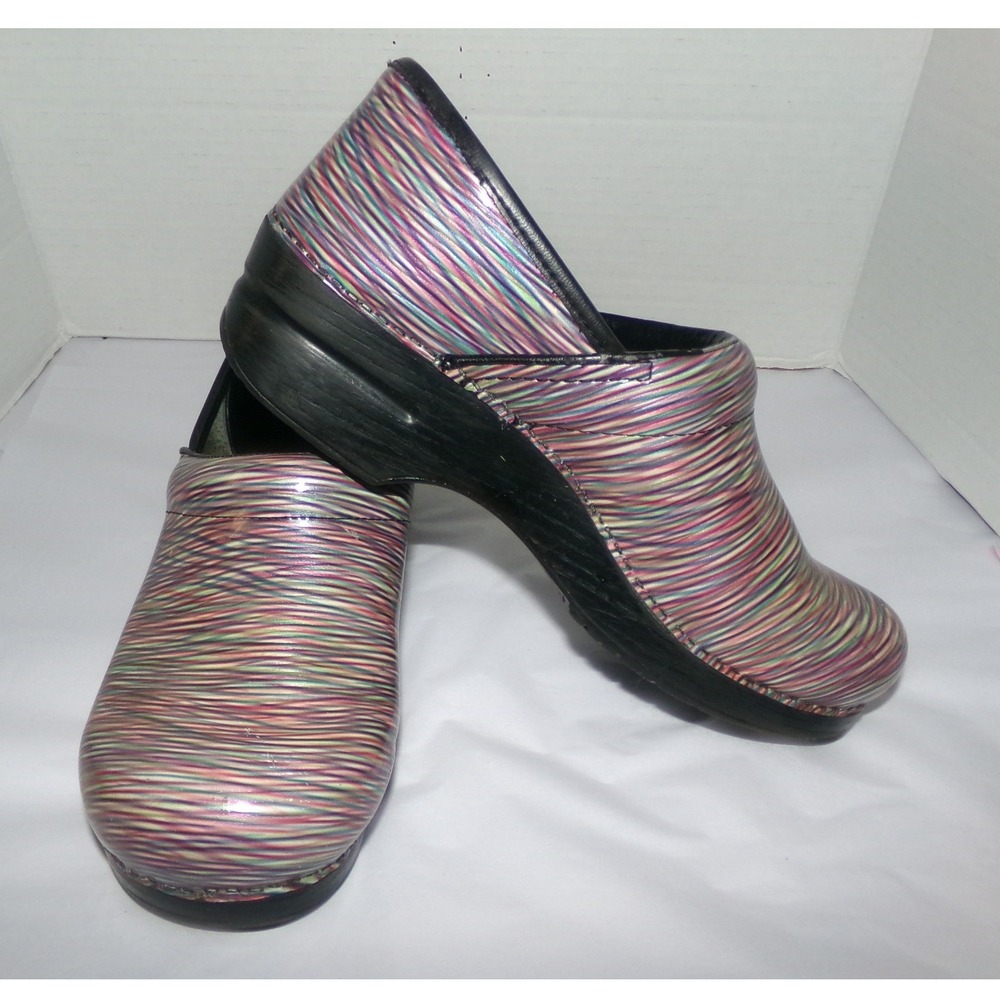 Dansko Professional Clogs Multi Color Metallic Stripe Patent Leather Shoes 40